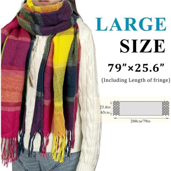 Womens Winter Scarf Plaid Cashmere Feel Long Blanket Shawl Wrap Oversized Warm - Picture 2 of 7